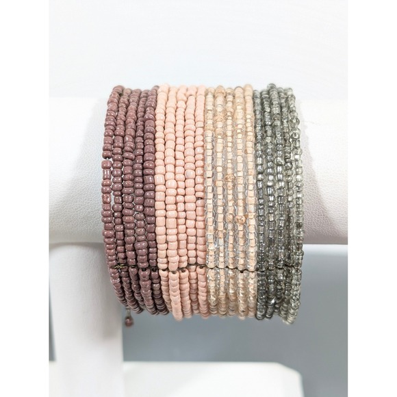 Boutique Jewelry - Wide Glass Bead Bracelet Ombre Boho Cuff Pink Purple Gray 7.5 Inch